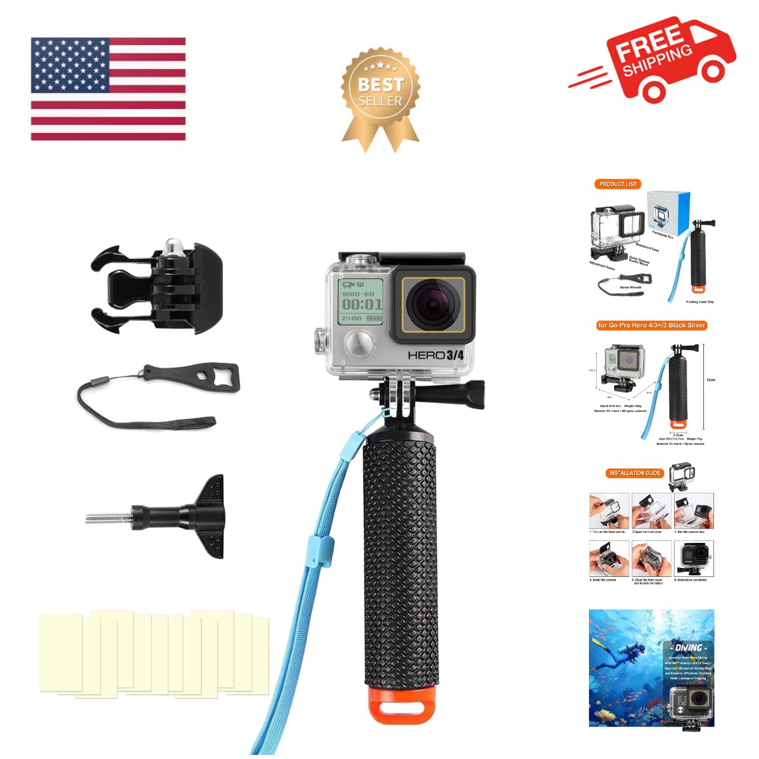 Compatible for Go Pro Hero 4/3+/3 Black Silver Waterproof Housing Case 45M/14...