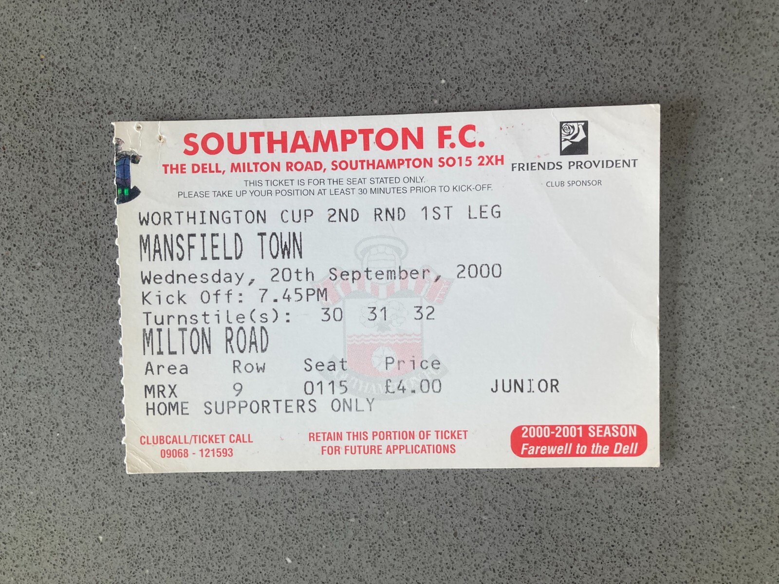 Southampton v Mansfield Town 2000-01 Match Ticket