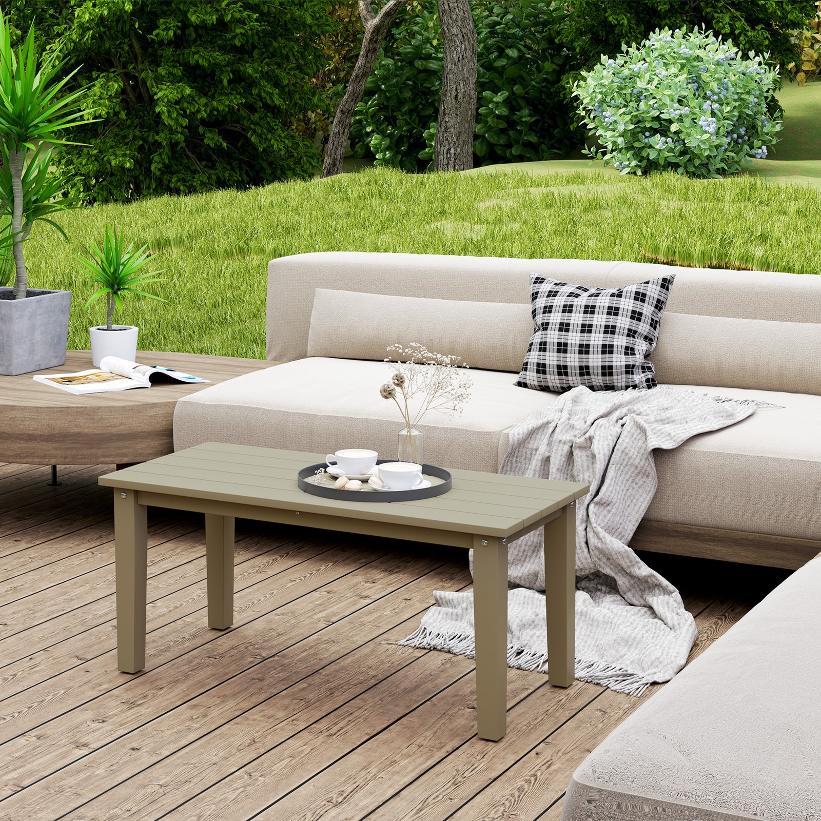 Outsunny HDPE Outdoor Coffee Table, Rectangle Slatted Patio Table, Brown