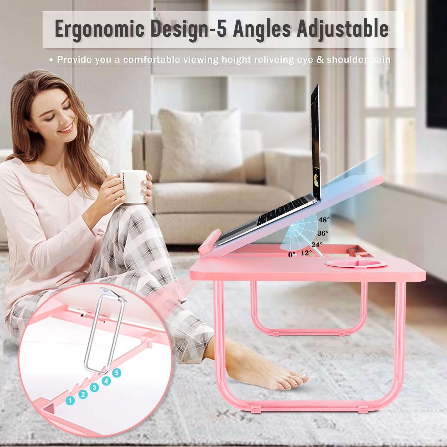 Laptop Bed Desk for Couch, 5-Angle Adjustable Table Adults Pink