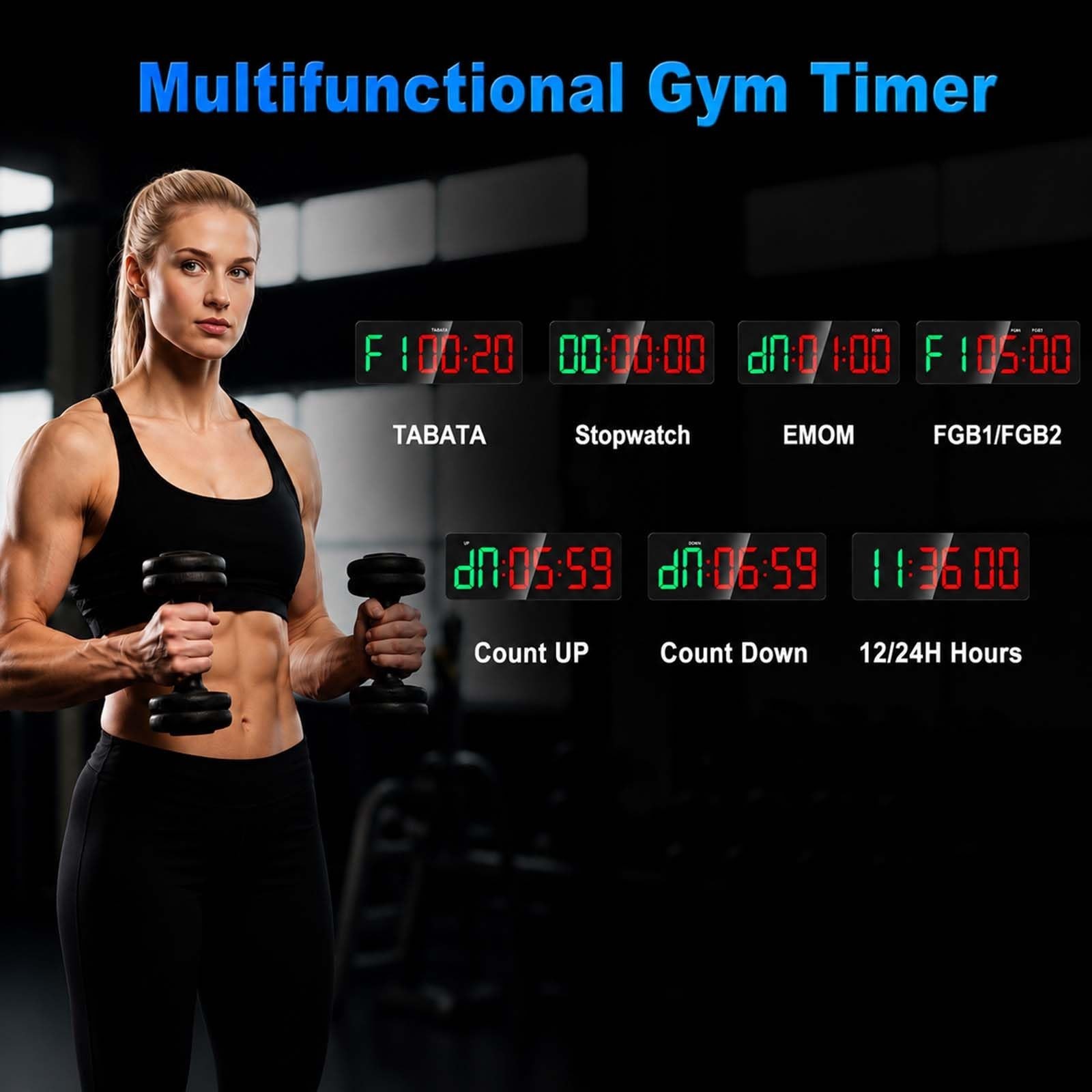Gym Clock Timer for Tabata, FGB & EMOM, Large LED Workout Clock with Remote C...
