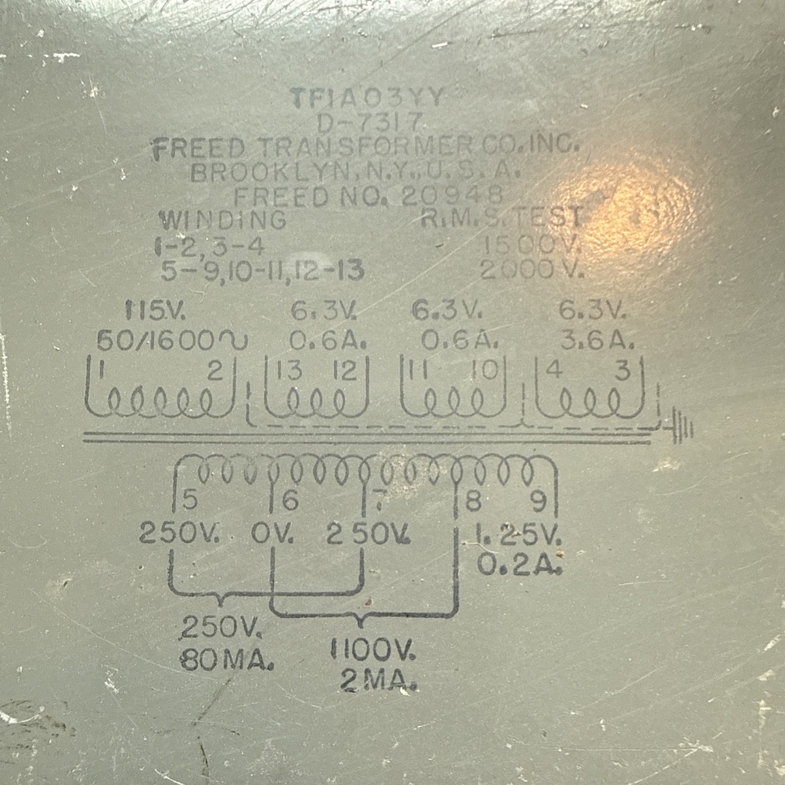 Vintage Military Freed Power Transformer 20948 115V 6.3V 3.6A