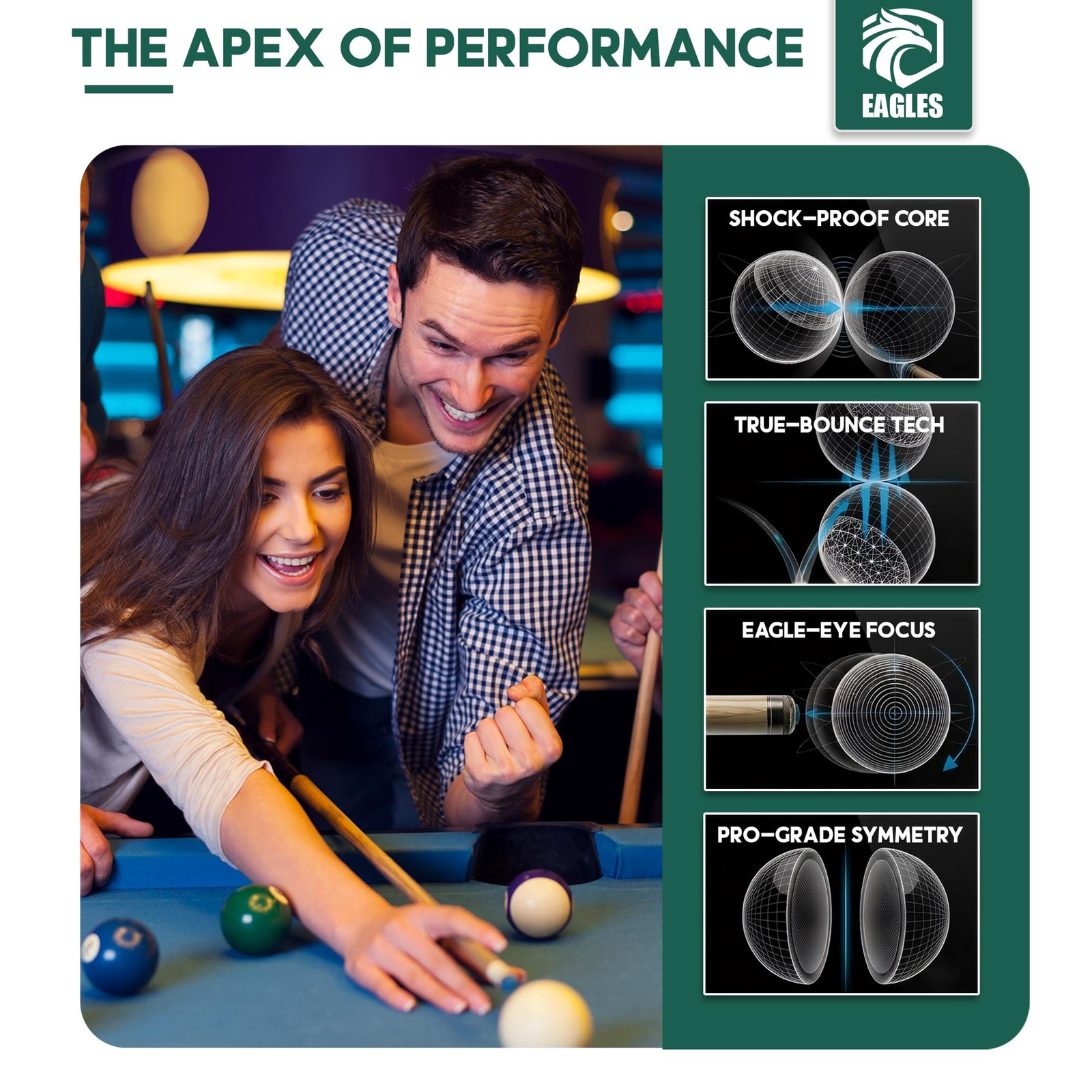 EAGLES Professional Billiard Ball Set – 2-1/4" 16 Balls, Multicolor