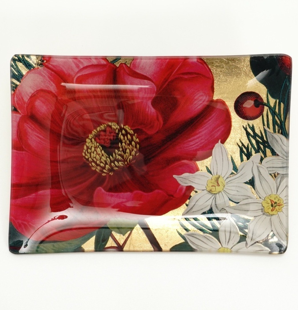 FRINGE STUDIO Glass Trinket / Soap Dish  Floral Red Poppy Gold Tone