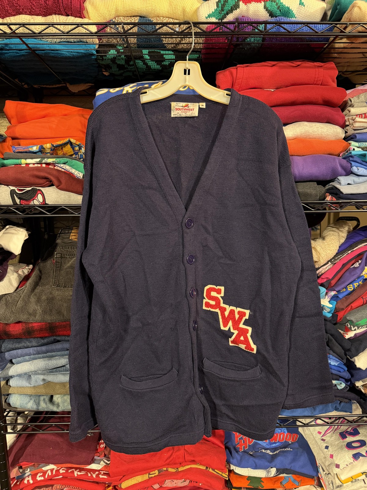 Vintage Southwest Airlines Sweater Cardigan Mens Medium Blue SWA Logo Pockets