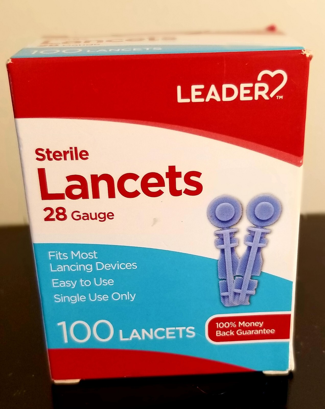 LEADER  Universal Twist Top 28 Gauge  Lancets  Box 100. NEW FACTORY SEALED