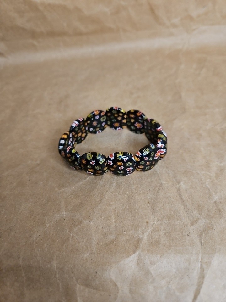 Blown Glass Black Beaded Millefiore Stretch Bracelet
