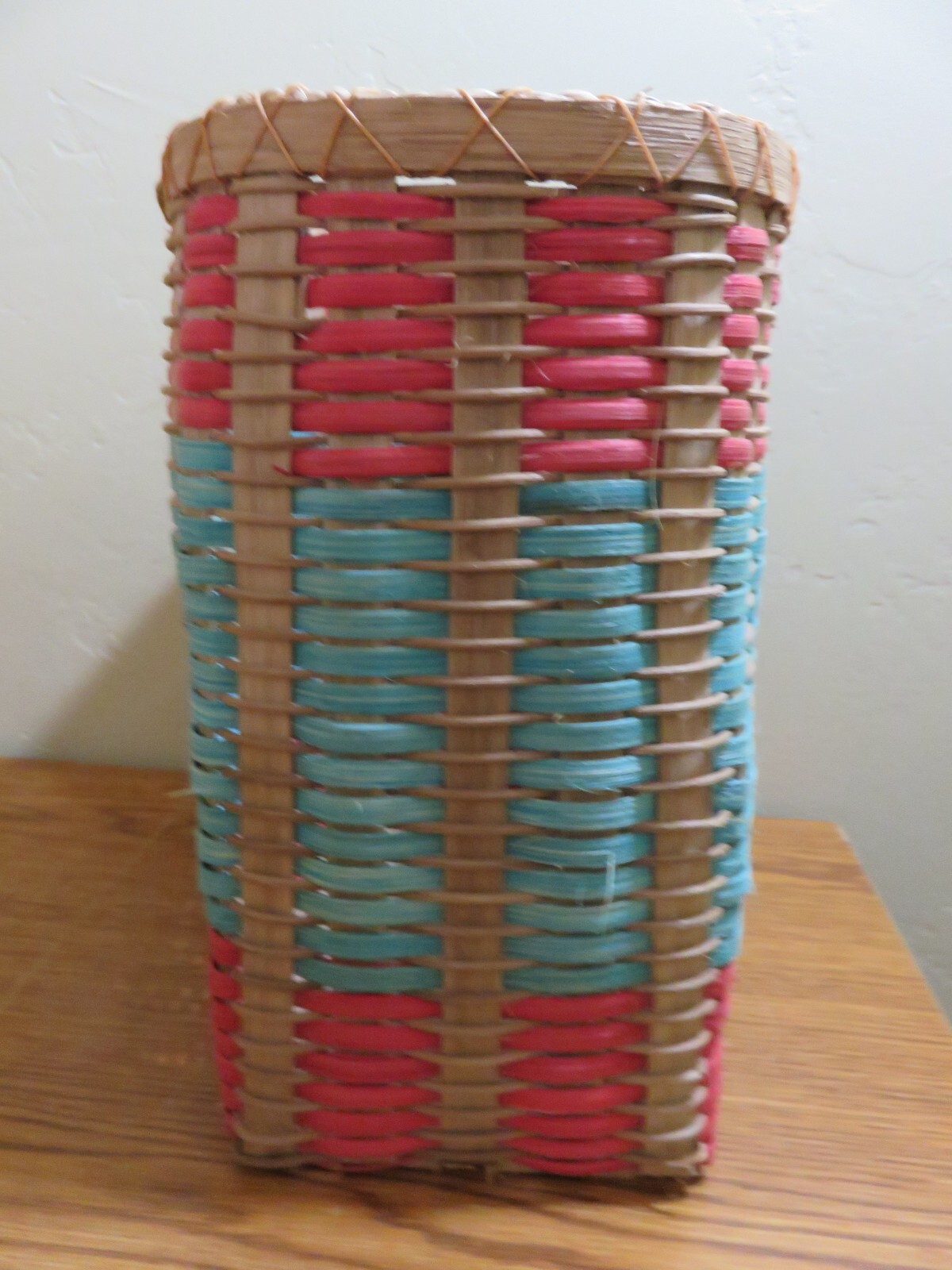 TALL WOVEN WOOD BASKET ORANGE BLUE ARTIST SIGNED 10 X8 X6"