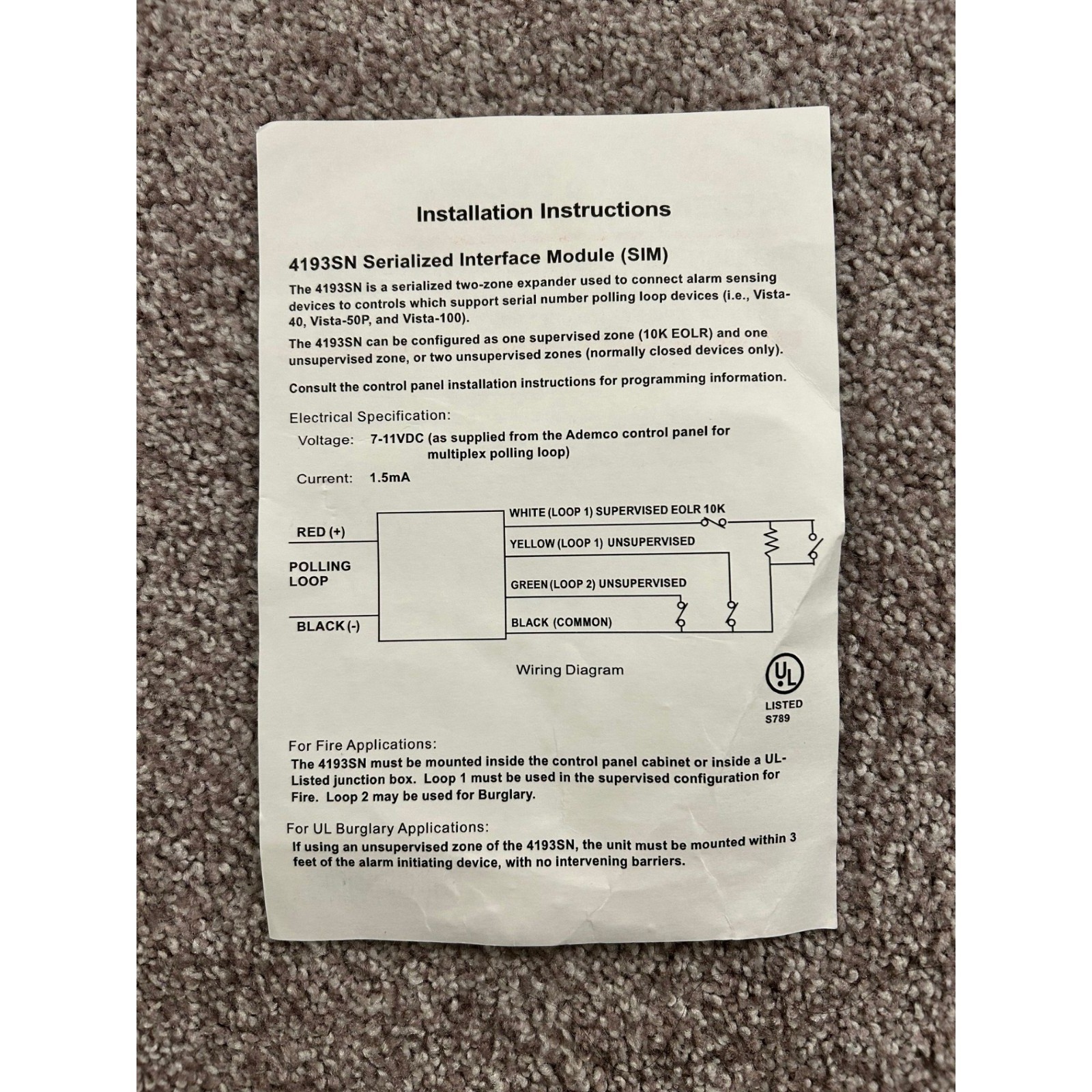 ADEMCO Honeywell 4193SN, Two Zone V-Plex Expander SERIAL INTERFACE MODULE
