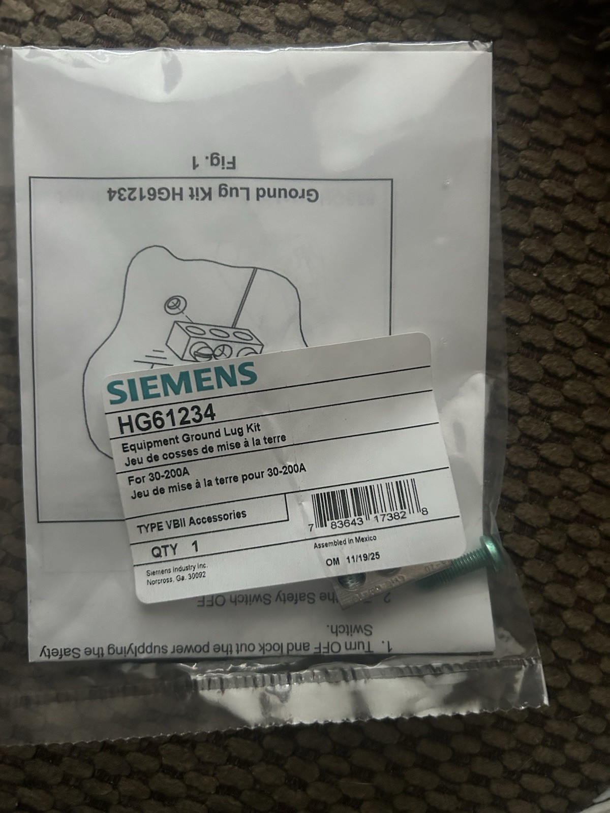 SIEMENS HG61234 Equipment Ground Lug Kit for 30-200A CMC-NA70 #4-14AWG