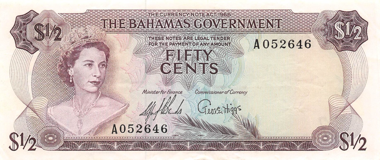 Bahamas   $ 1/2   Act. 1965  P 17  Series  A  Que. II  Circulated Banknote PMG6