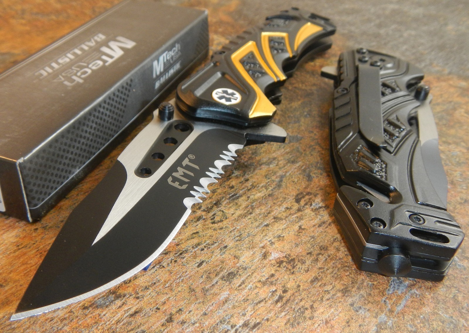 MTech BALLISTIC Assisted Opening Rescue EMT BLACK Glass Breaker RESCUE Knife NEW