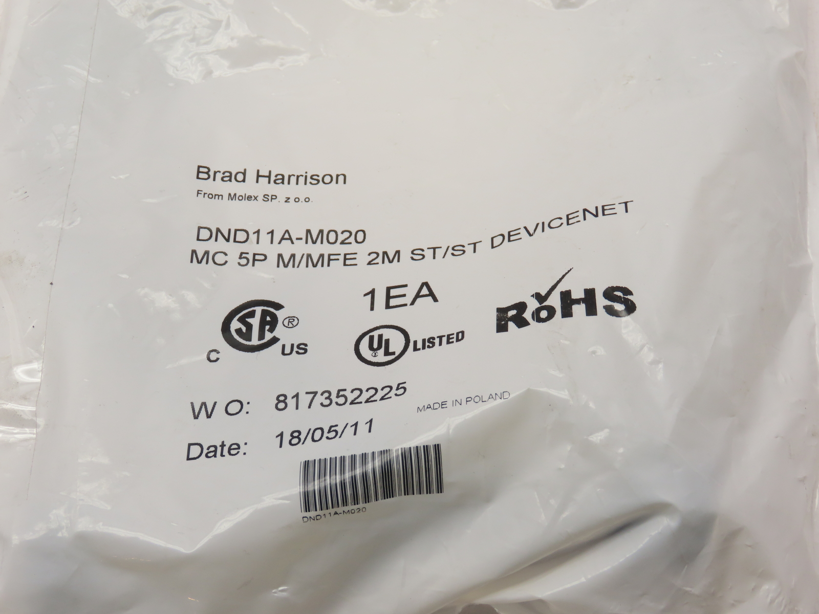 Brad Harrison DND11A-M020 Molex Cable 5P 2M ST/ST DeviceNet (Lot of 2)