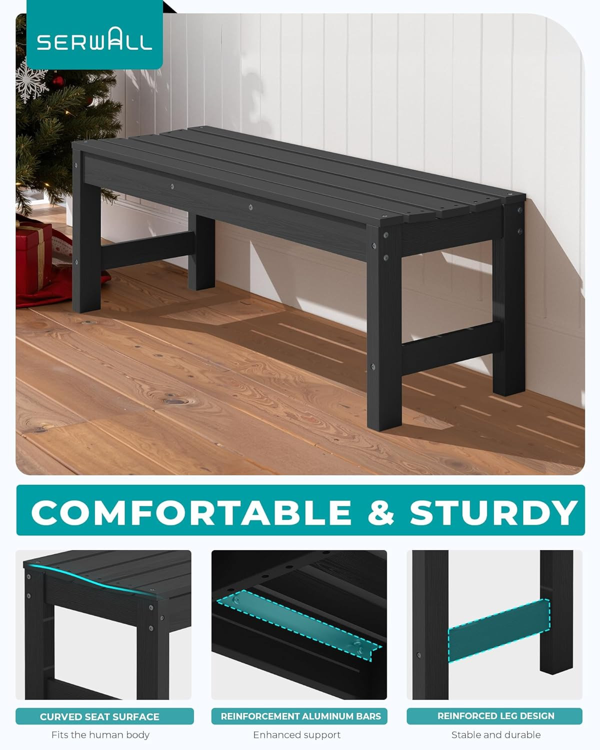 47 Inches Outdoor Bench, All Weather HDPE Backless Bench with Wood Grain Texture