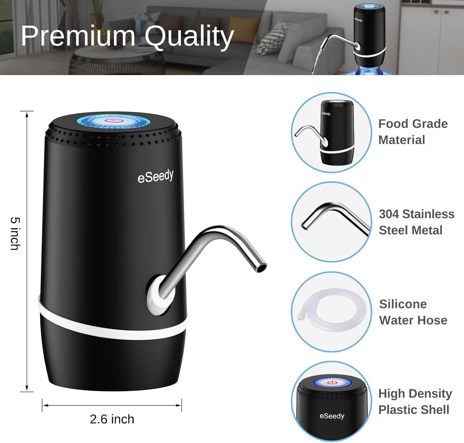 Rechargeable Water Dispenser for 5 Gallon Bottles - Fast Pumping, Compact Design