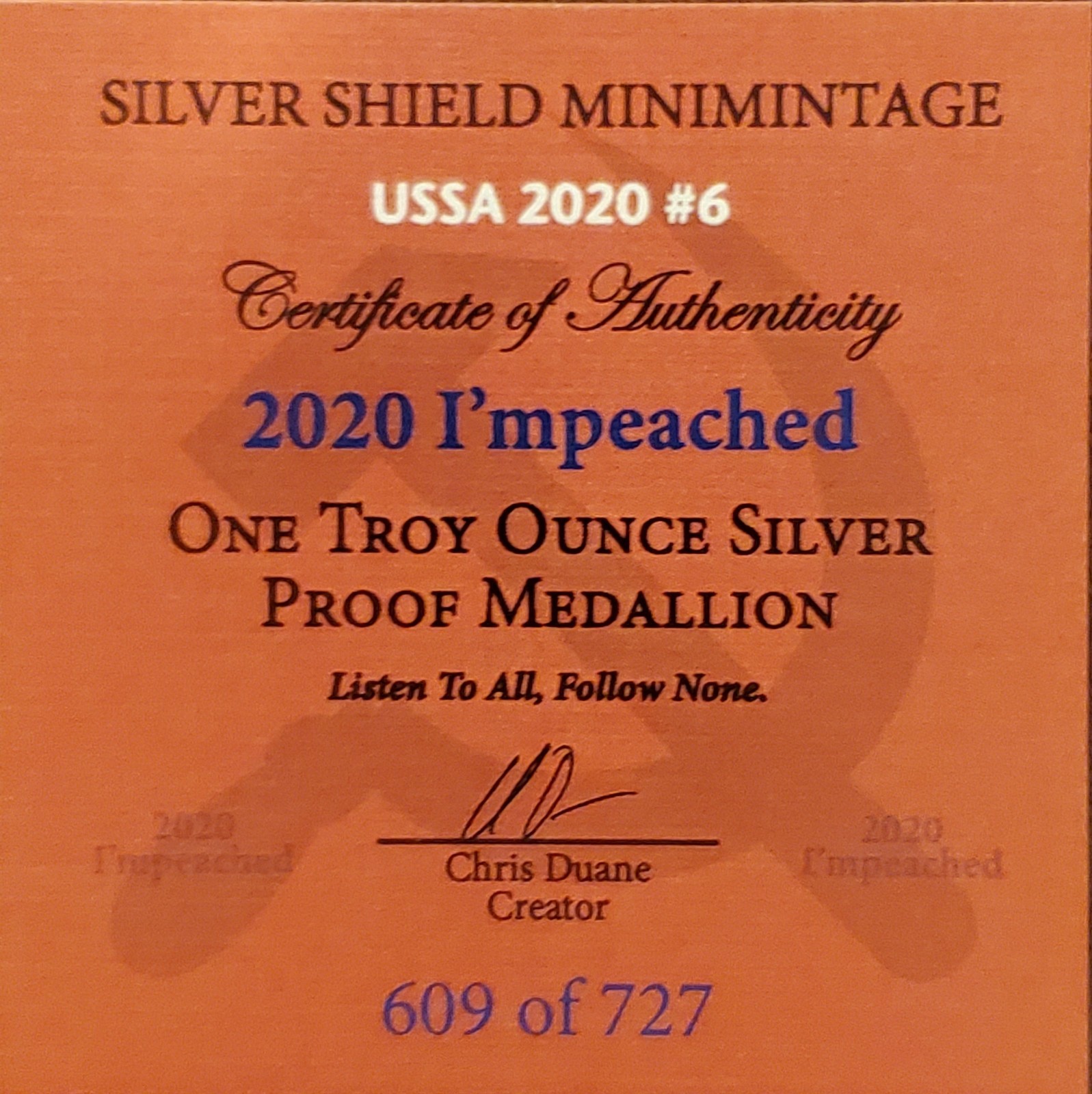 2020 Silver Shield I'mpeached Proof Round USSA 2020 Number 6