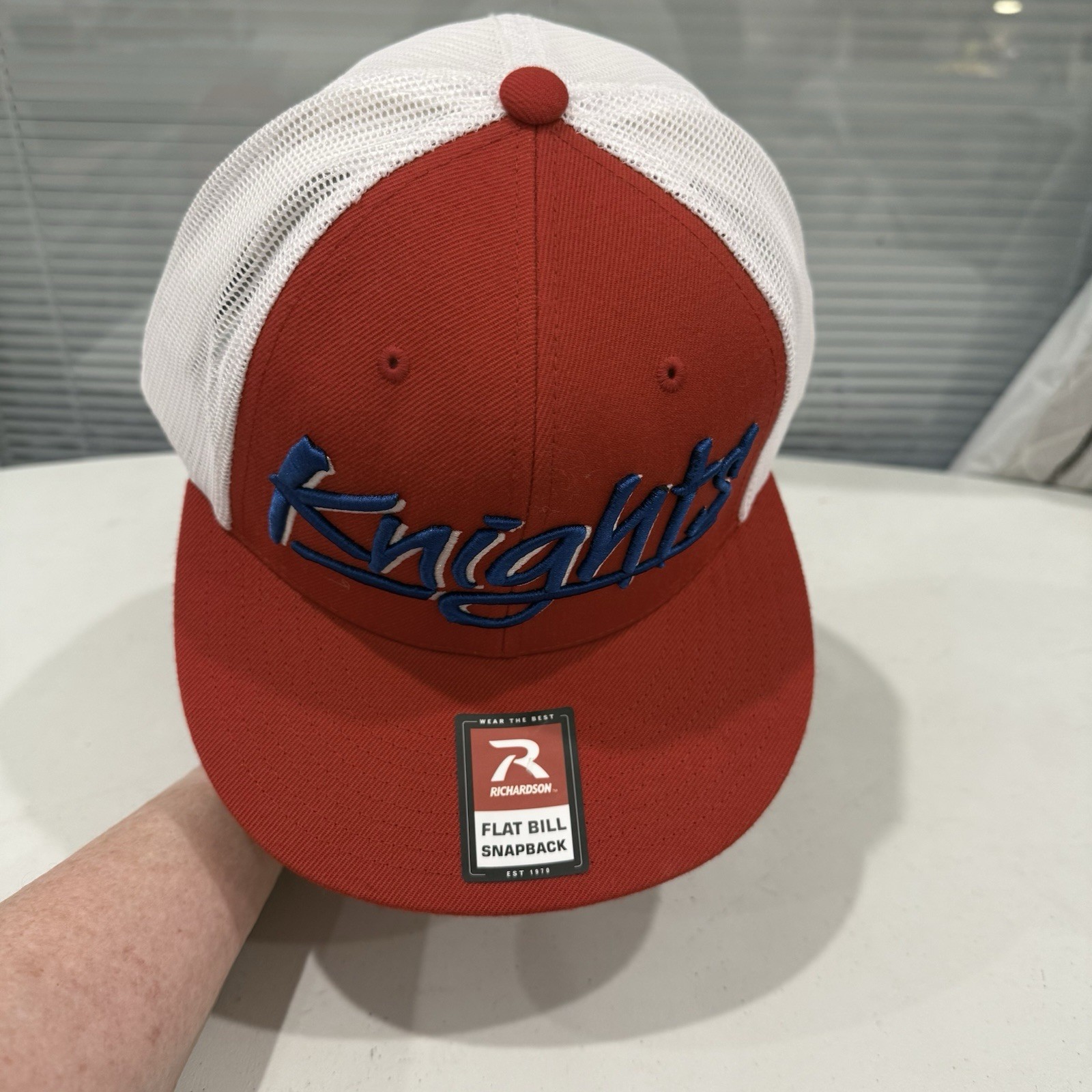 Knights Royal Blue White Script on Red Hat Cap White Mesh Snapback Russell EUC