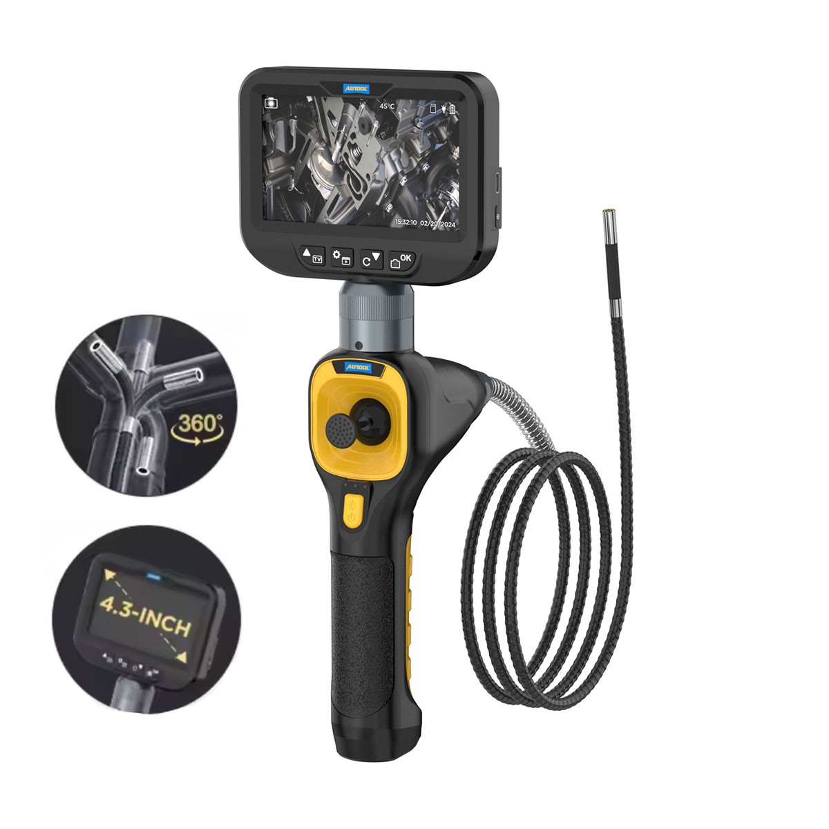 Endoscope 4-Way 360° Articulating Borescope Camera 4.3" Screen with 6 LED Light