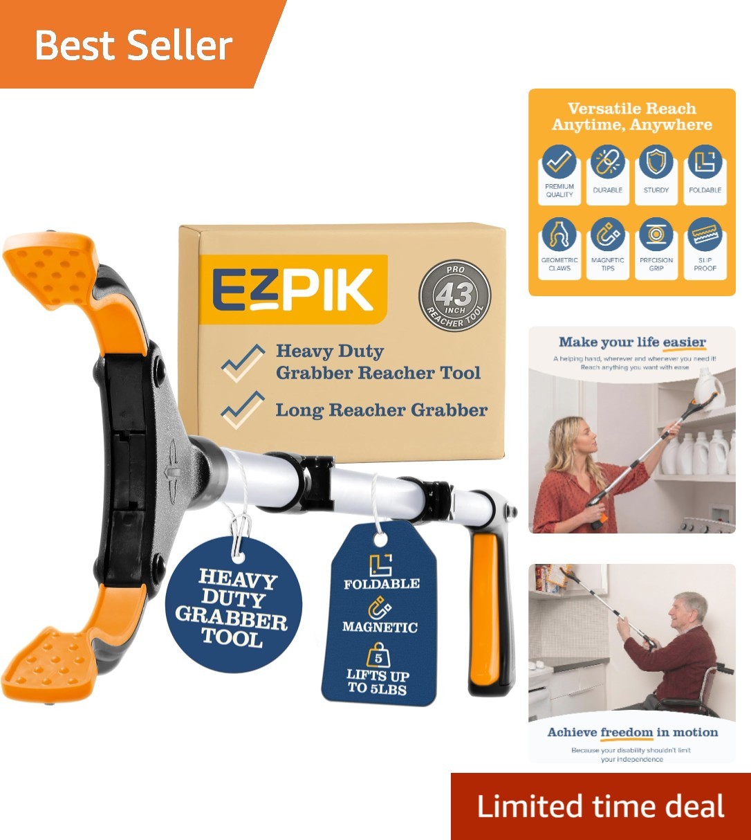 Ergonomic 43" Grabber Reacher for Elderly - Magnetic Pickup Tool for Easy Access