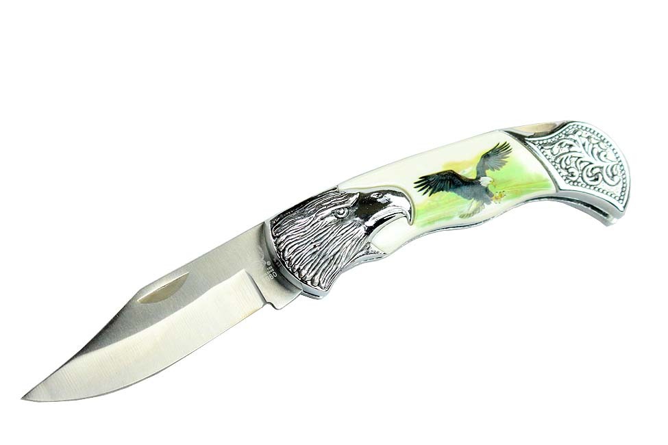 7.25" Fantasy Collectible Eagle / Wolf Printed + Engraved Handle Folding Knife