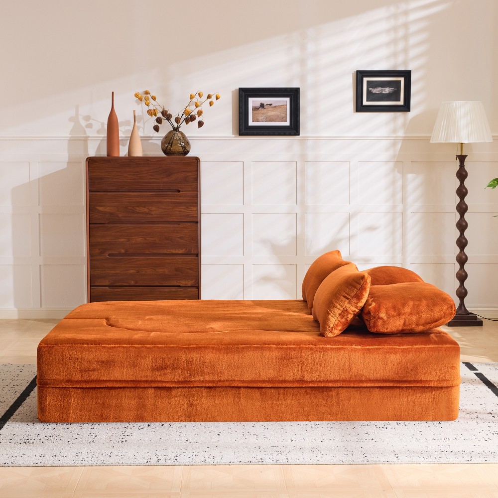 Folding Sofa Bed, Plush Orange Futon Mattress, High Density Foam