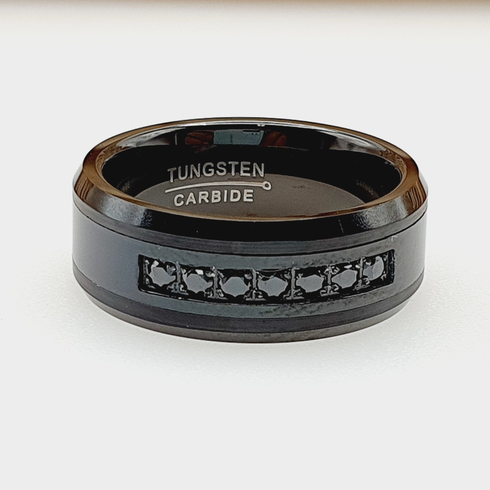 Black CZ Engagement Ring Black Tungsten Engraved Men's Wedding Band for Men