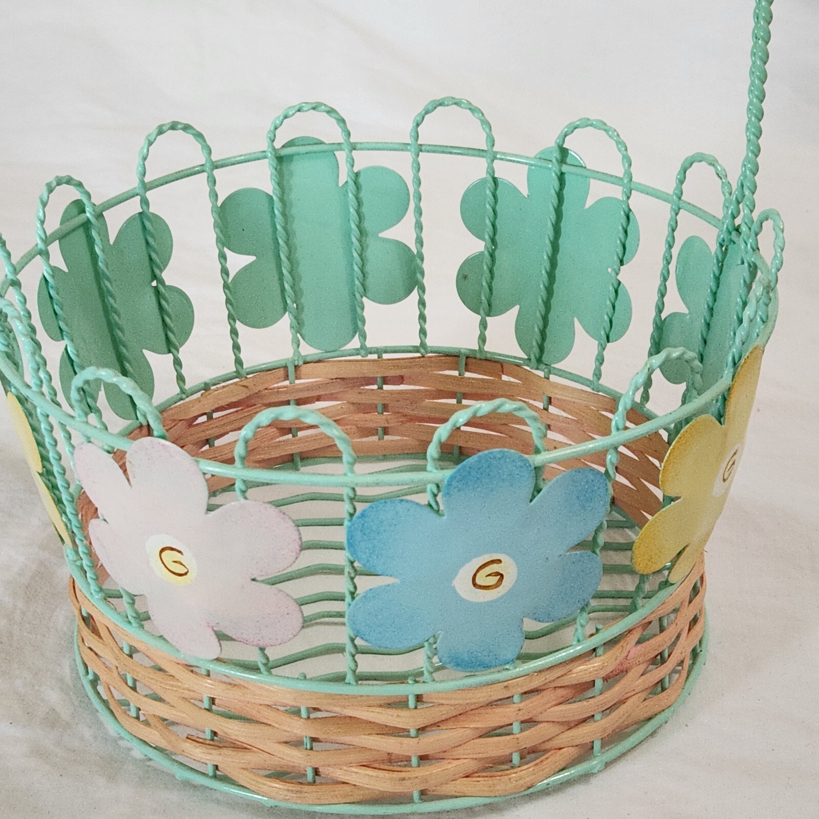 Decorative Metal Basket Flowers Green Pastel Raffia Easter Spring 9x 13" Vintage