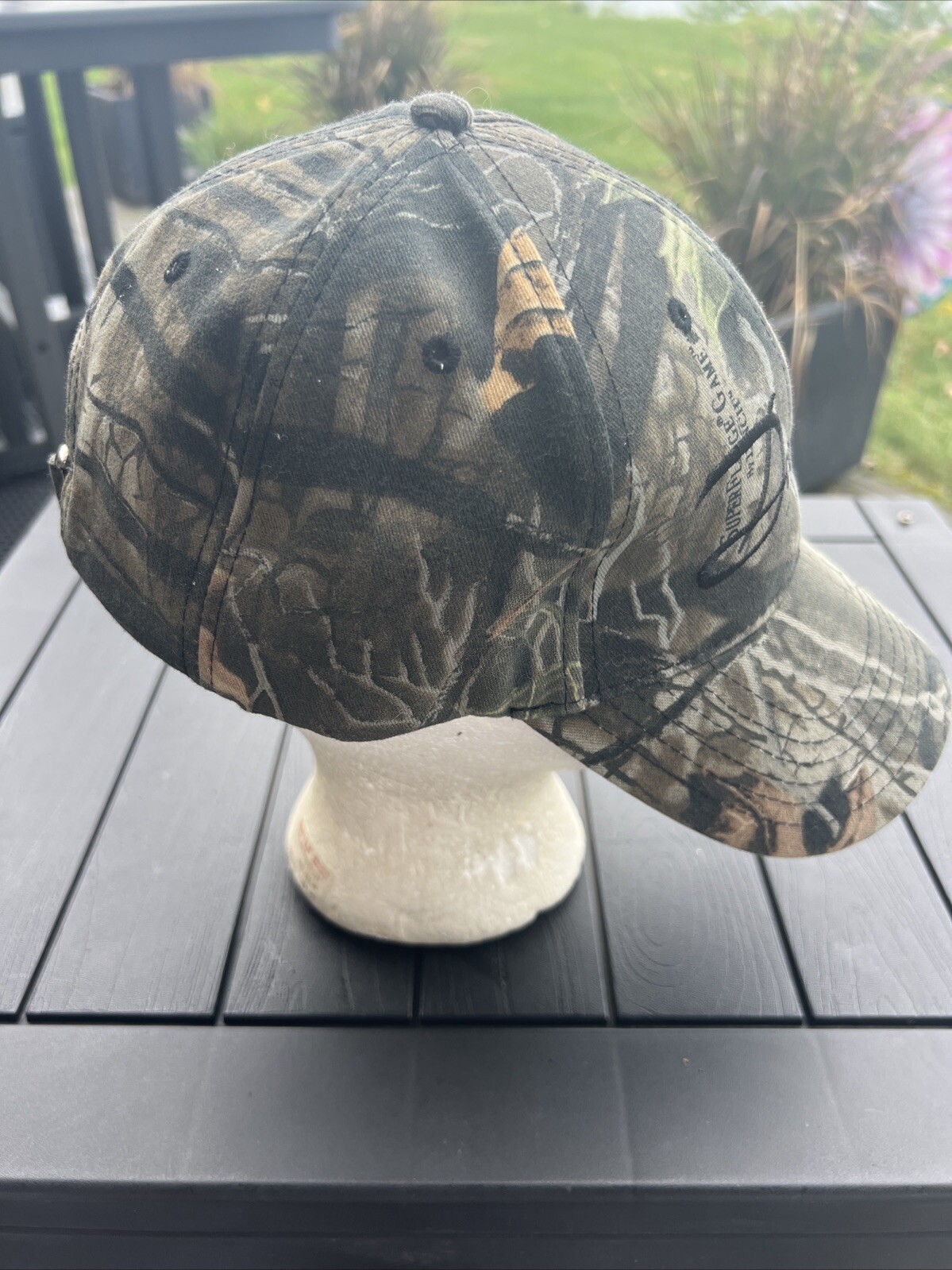 Danfloss Black Script on Camouflage Hat Cap Greens Brown Strap Buckle EUC