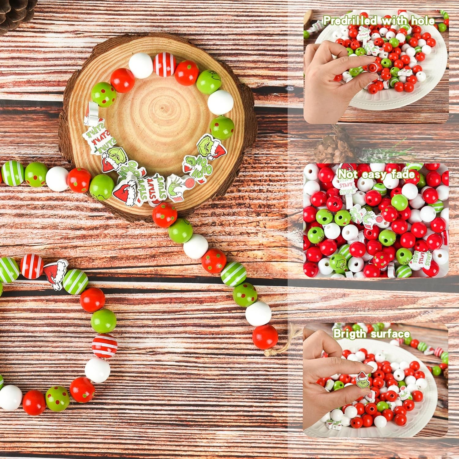 Wooden Christmas Beads - 240 Decorative Red Green Round Craft Beads