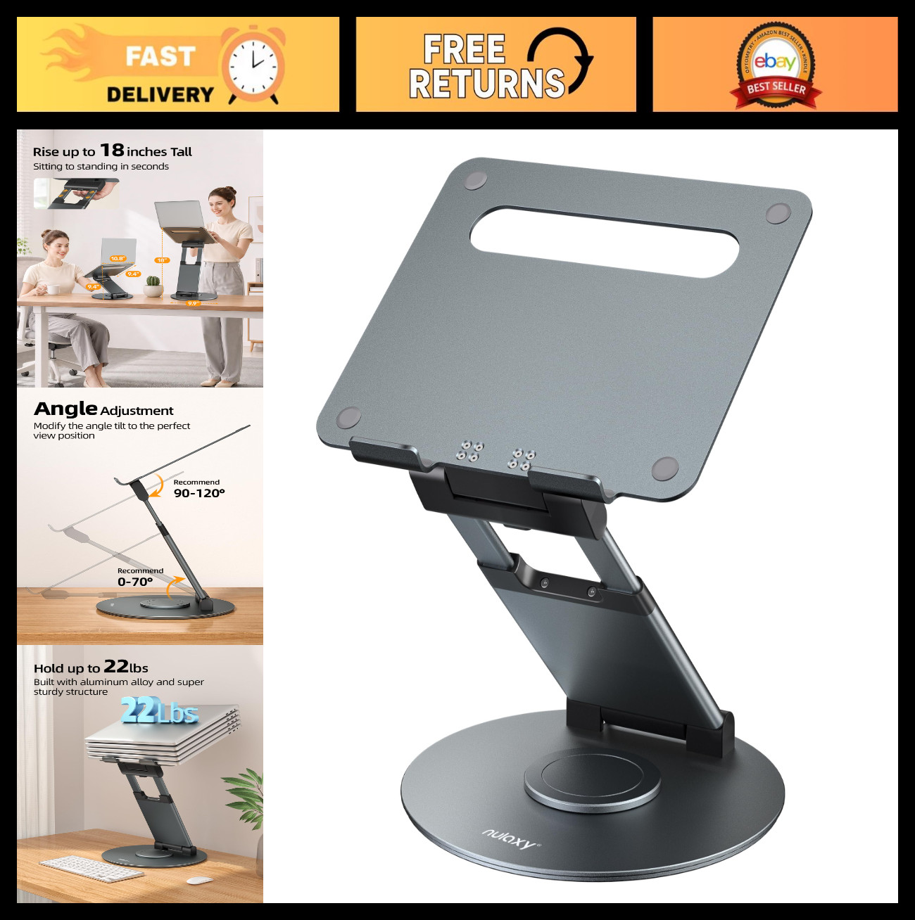 Adjustable 360° Swivel Laptop Stand, 18" Height Ergonomic Riser for 10-17" Lapto