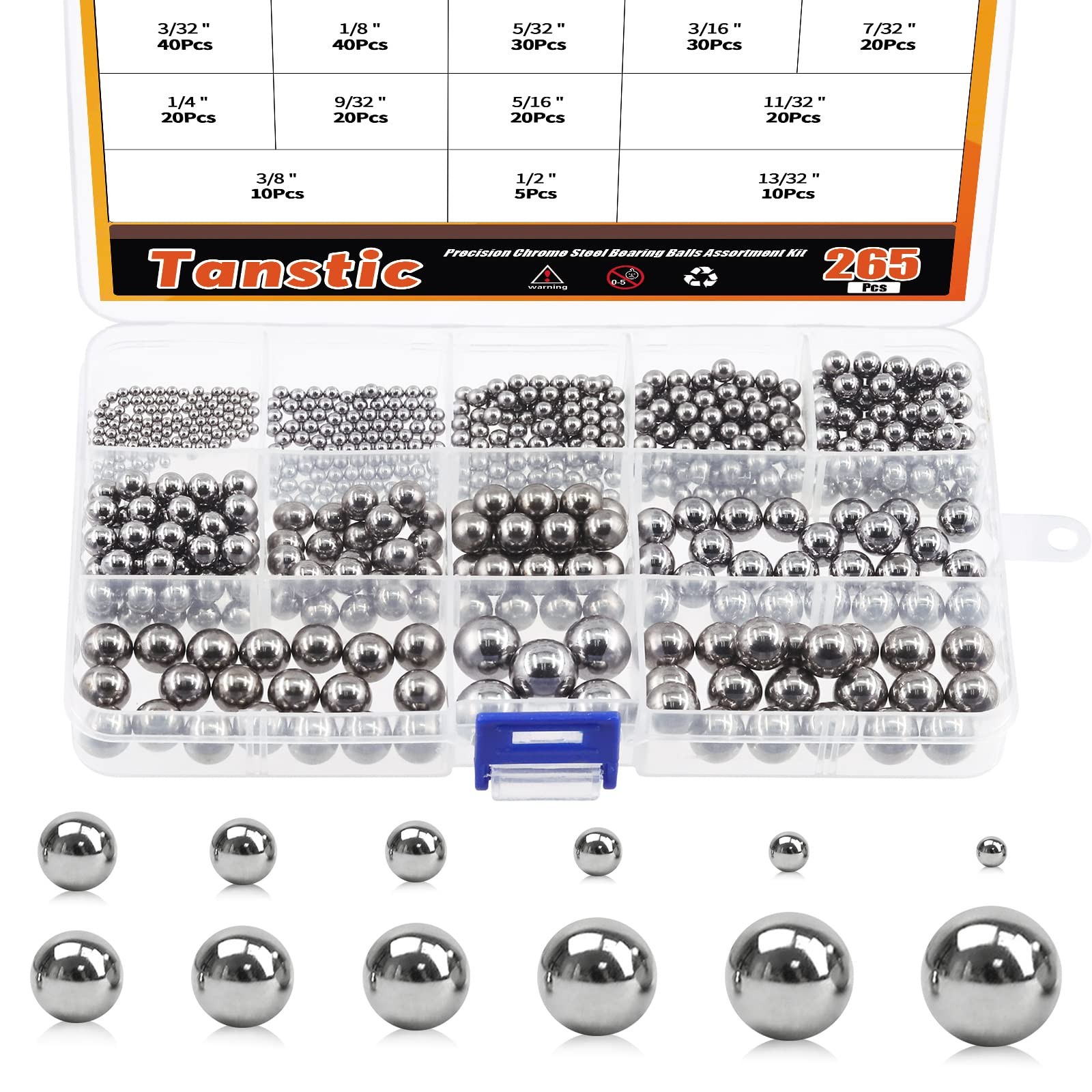 Tanstic 265Pcs 12 Size Imperial Precision Chrome Steel Bearing Steel Ball Assort