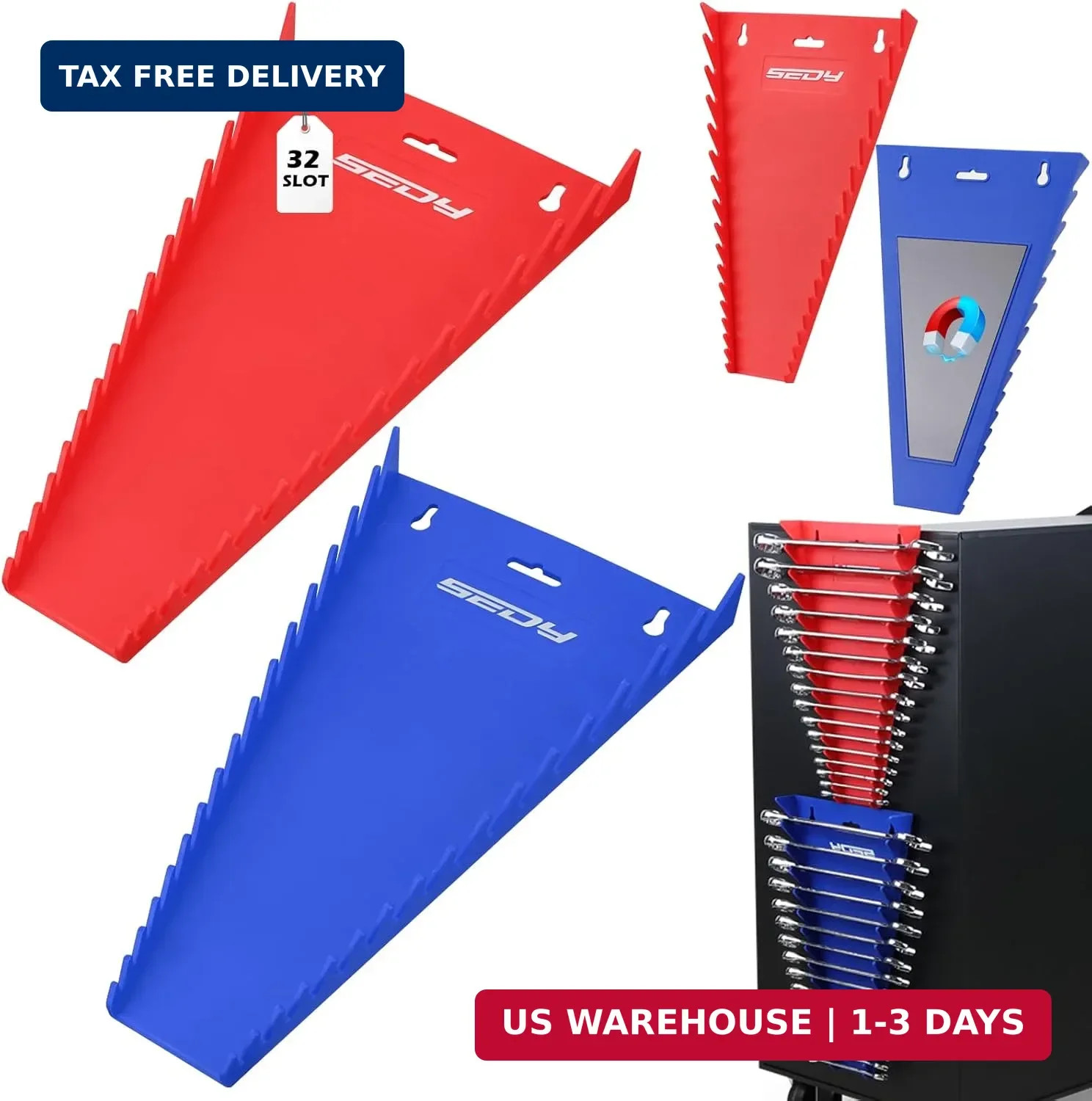 2-Pack Magnetic Wrench Organizer, 32-Slot Premium Wrench Rack Holder Tool Trays