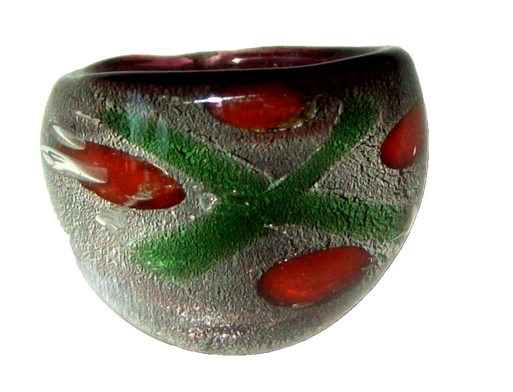 DiCHROIC  ART Glass Ring DOME Metallic Green X ORANGE/ Silver 7 3/4 RETRO 90's