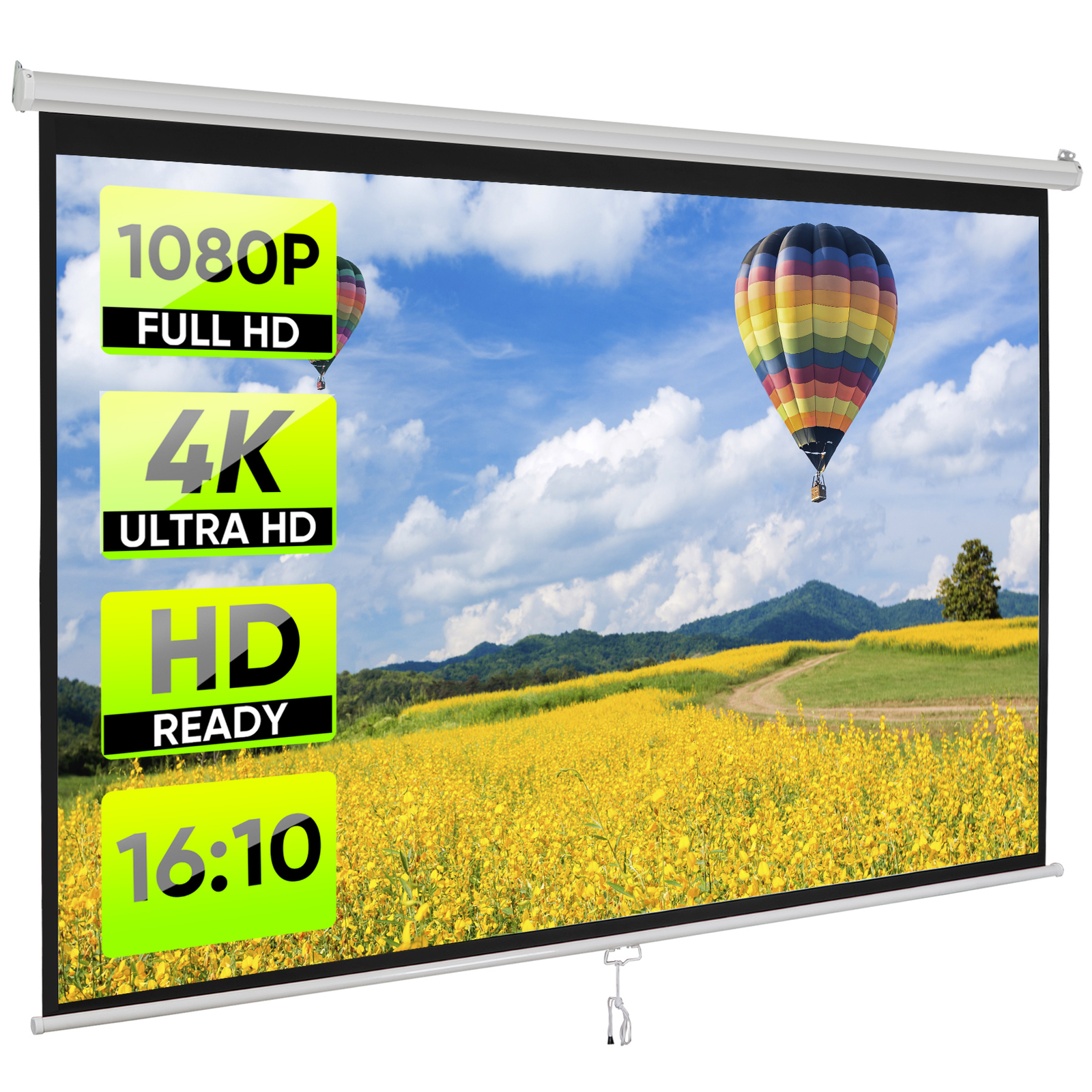 100"Manual Projection Screen Pull Down 16:10 HD Projector 4K Widescreen for Home