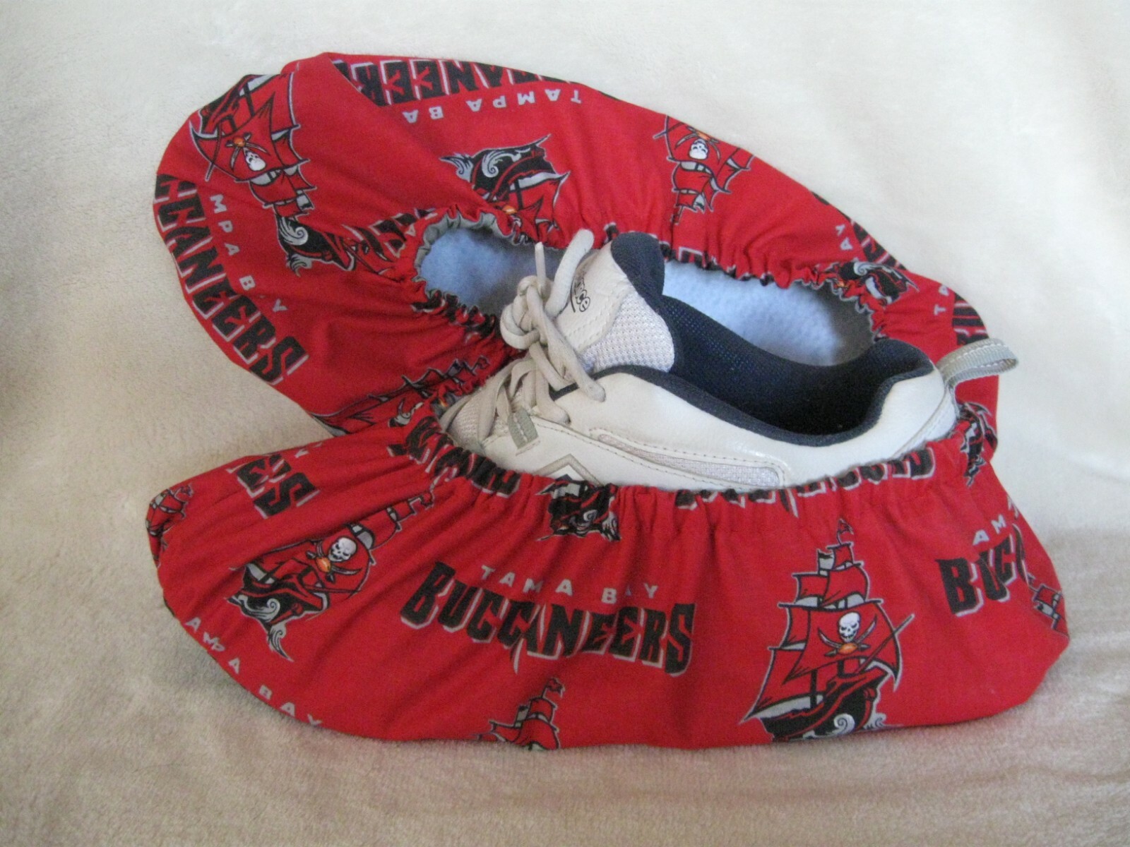 BUCCANEERS, Men's  bowling shoe covers. Handmade, cotton, lined , vinyl soles.