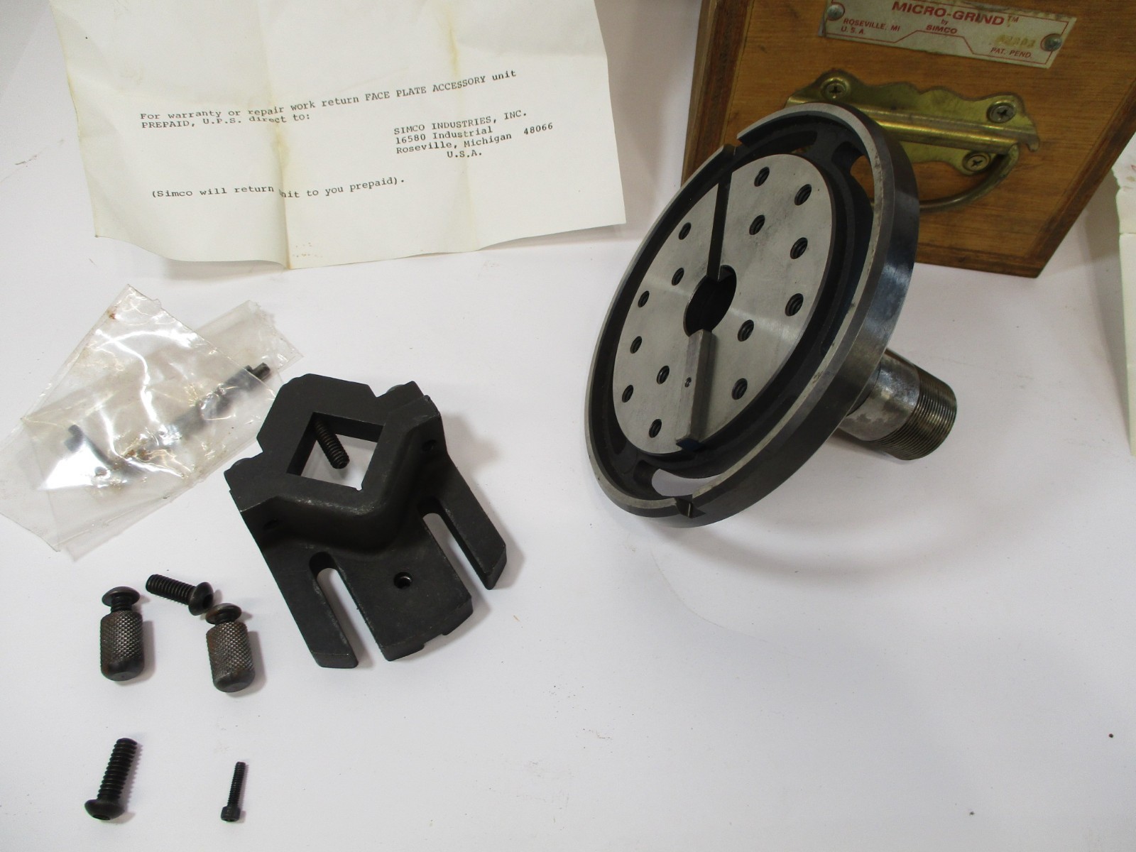 SIMCO Micro Grind Face Plate Assembly & Vee Block Mounted w/ 5C Mount in VGC