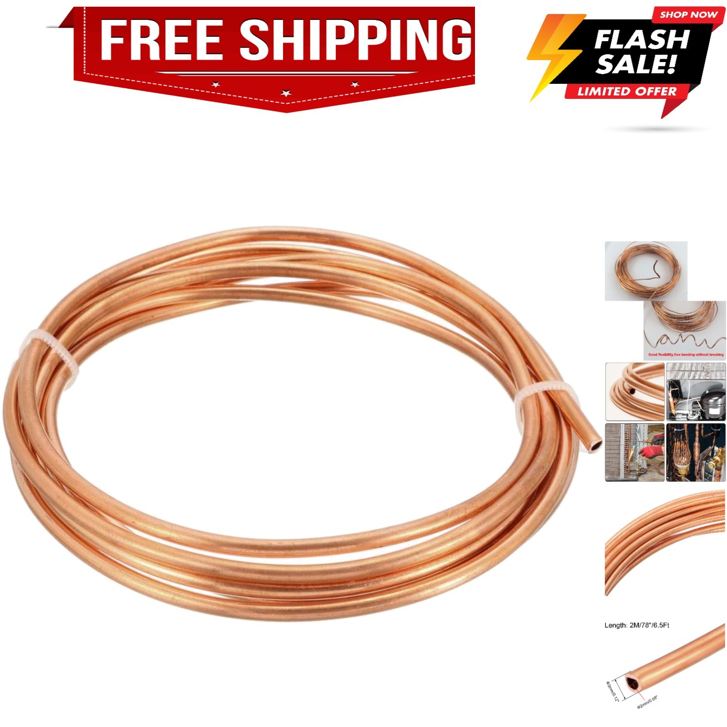 Refrigeration Tubing 1/8" OD x 5/64" ID x 6.5 Ft Length Soft Coil Copper Tubing