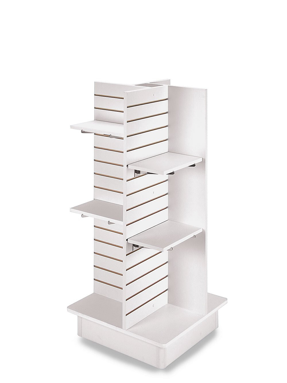 4 Panel White Slatwall Tower Casters and Shelves 23" x 23" x 54"