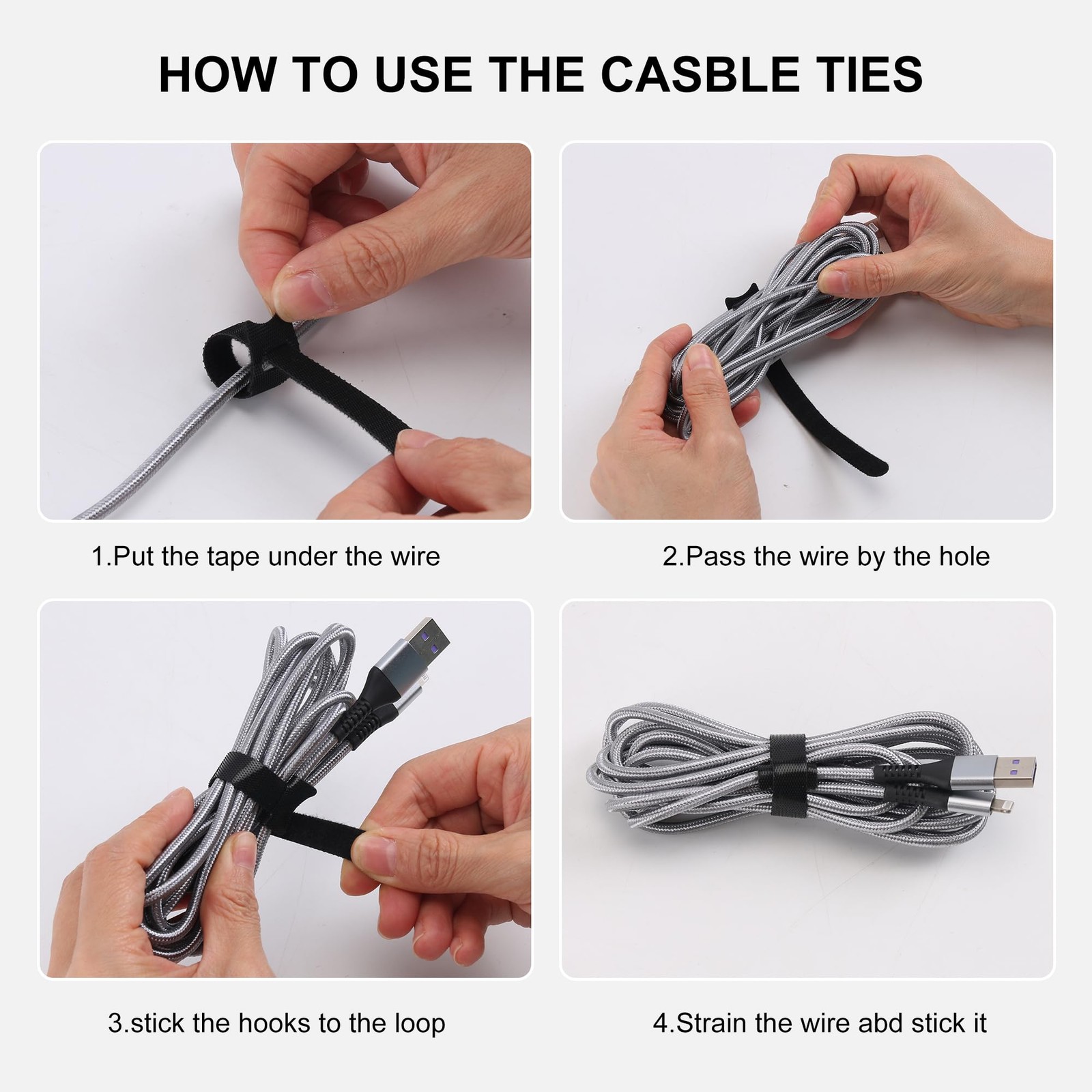 Nettbe 60-Pack 8in Reusable Adjustable Hook Loop Cable Ties Cord Organizer