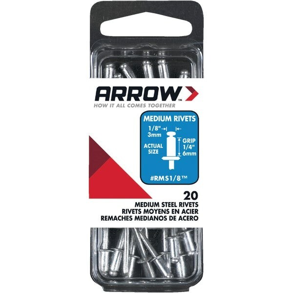 (6-20/pack)-Arrow 1/8 In. x 1/4 In. Strong Steel Rivets. Model: RMS1/8