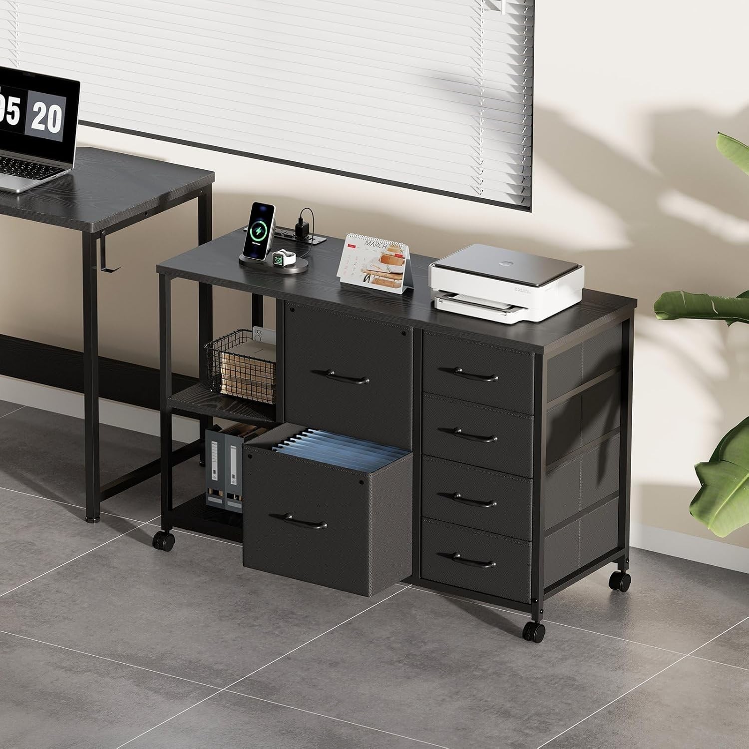 6-Drawer File Cabinet W/ Charging Station Rolling Printer Stand W/ Open Storage