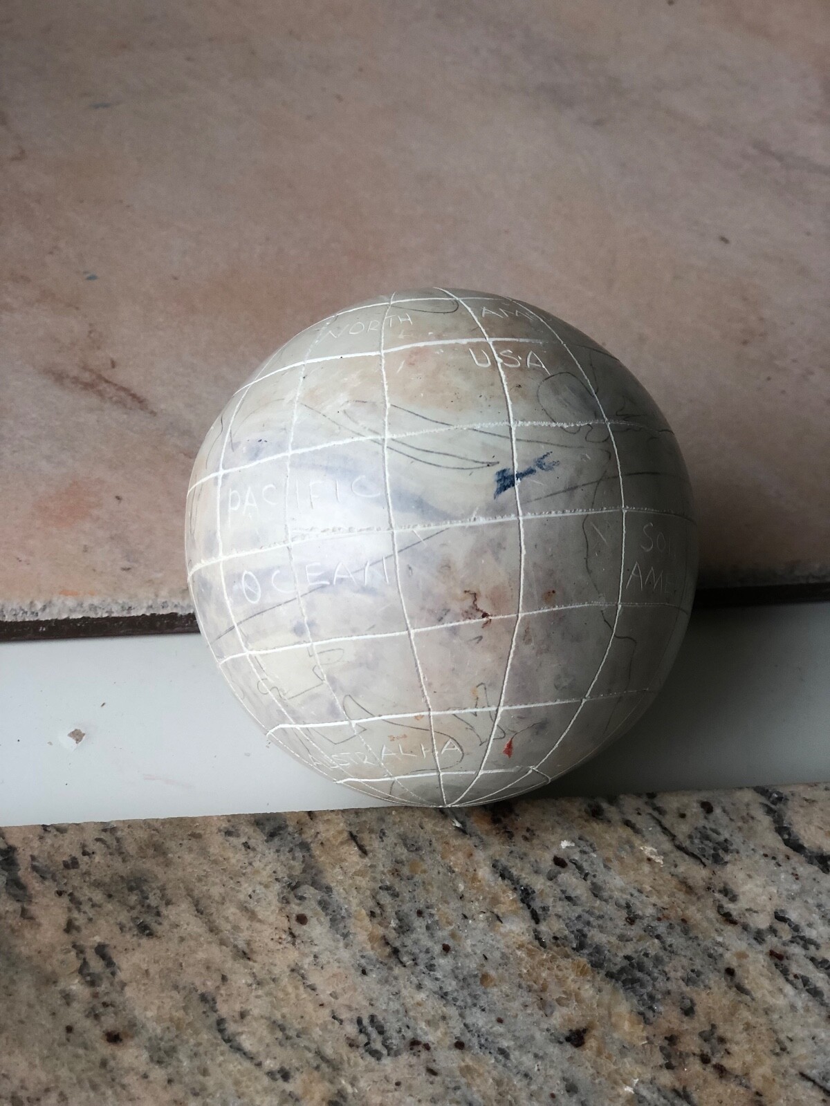 Unique Vintage Carved and Handpainted Stone Globe / World Map