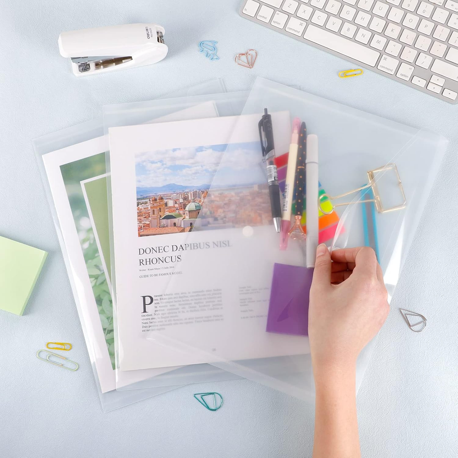 50Pcs Plastic Envelopes with Button Snap Closure, Clear Poly Folders for