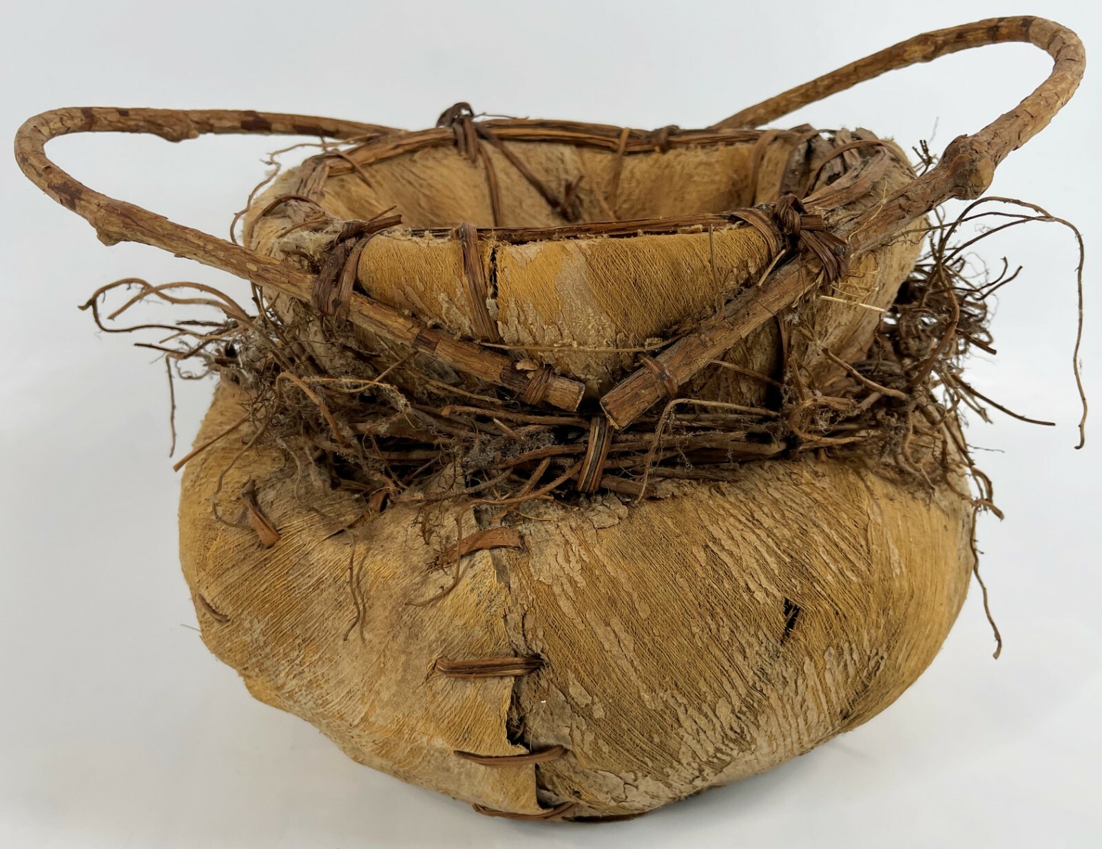 Vintage 12" Natural Stick Stitched Palm Mud Dried Leaf Primitive Pot Coil Basket