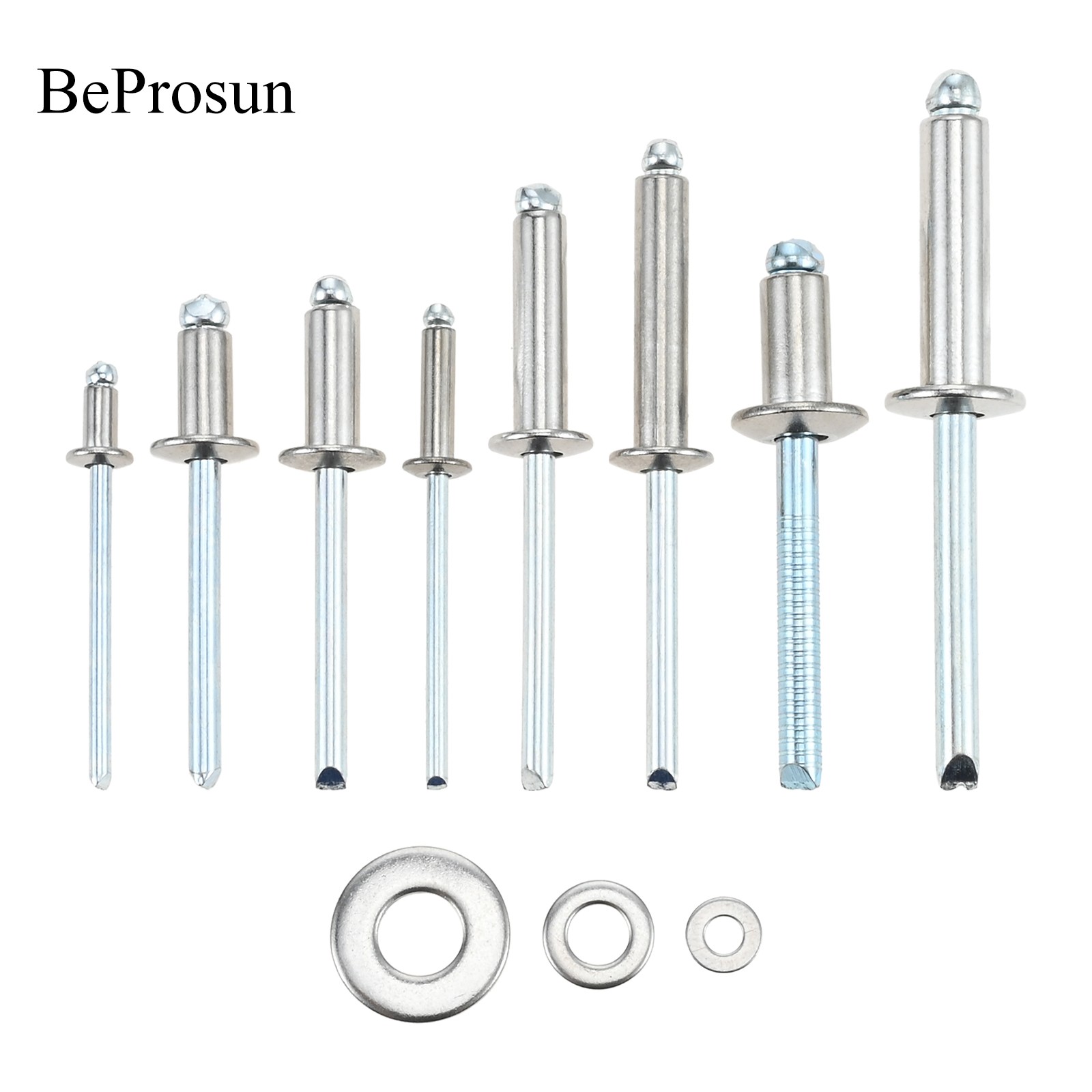 BeProsun 450Pcs Steel 8 sizes Pop Rivets 1/8" 3/16" 1/4" Assorted Blind Rivets