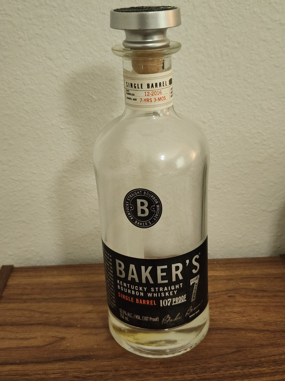 BAKER'S 107 PROOF 7 YEAR SINGLE BARREL WHISKEY EMPTY BOTTLE