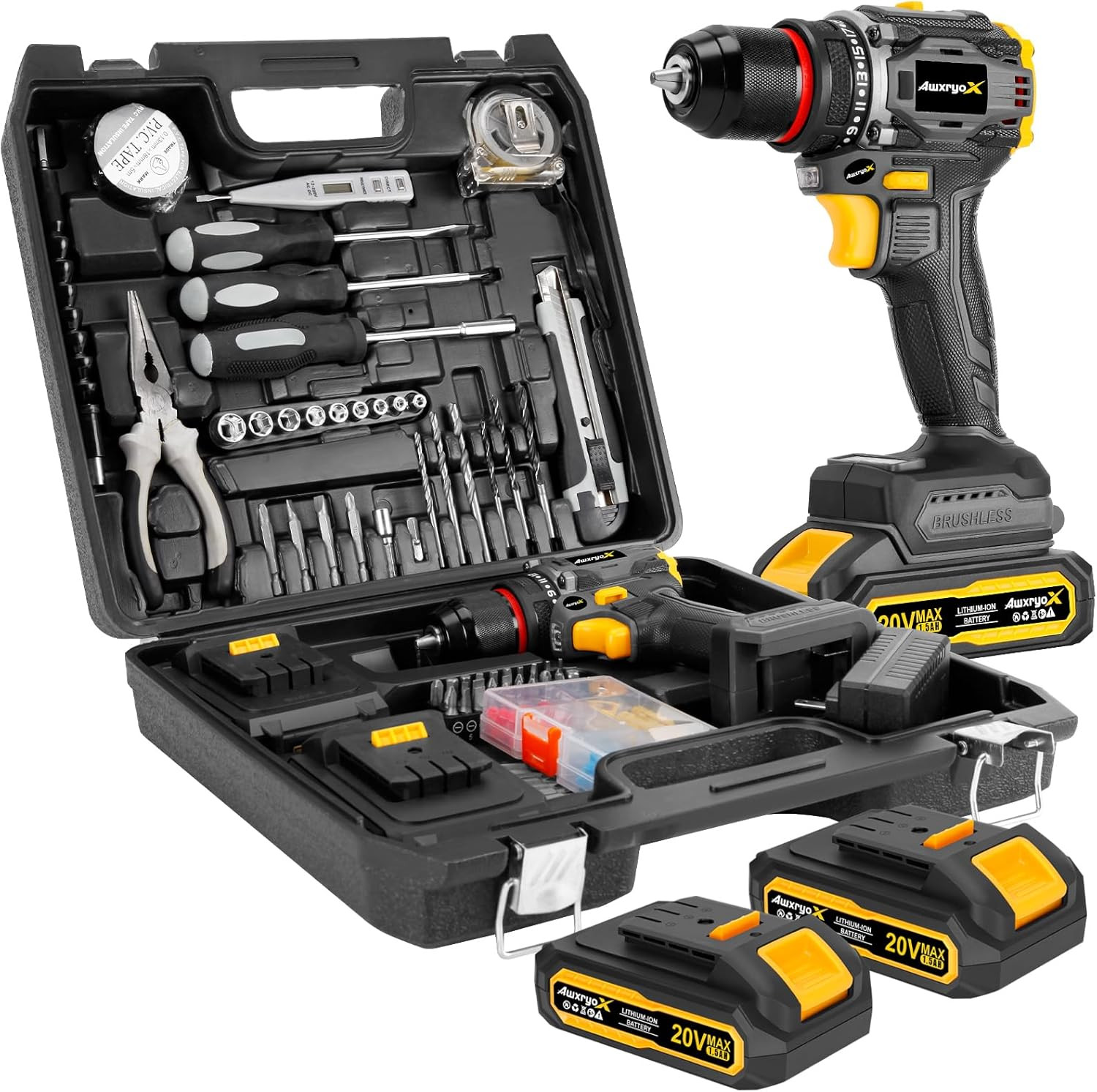 Brushless Compact Drill Tool Set, 60N.M 20V Cordless Drill Tool Box with 2 Batte