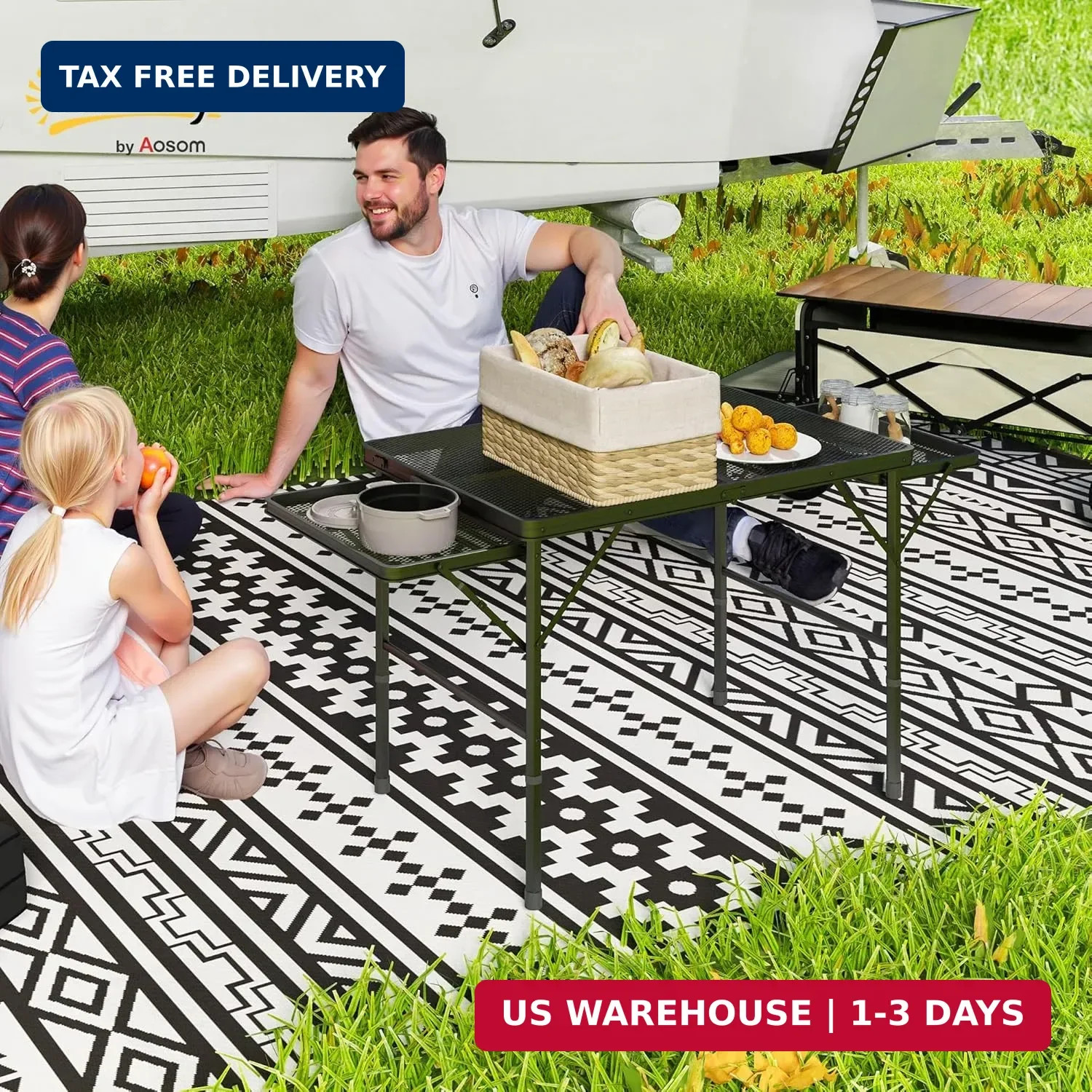 Outsunny Folding Grill Table, 4.5 ft Portable Camping Table with 2 Wing Panels,