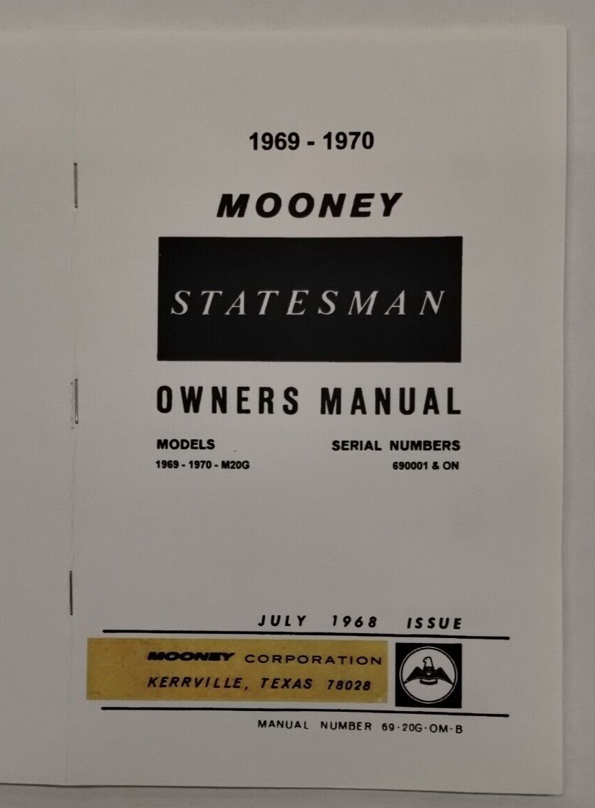 Mooney 1969-70 Statesman M20G Owner's Manual Serial Numbers 690001 & On