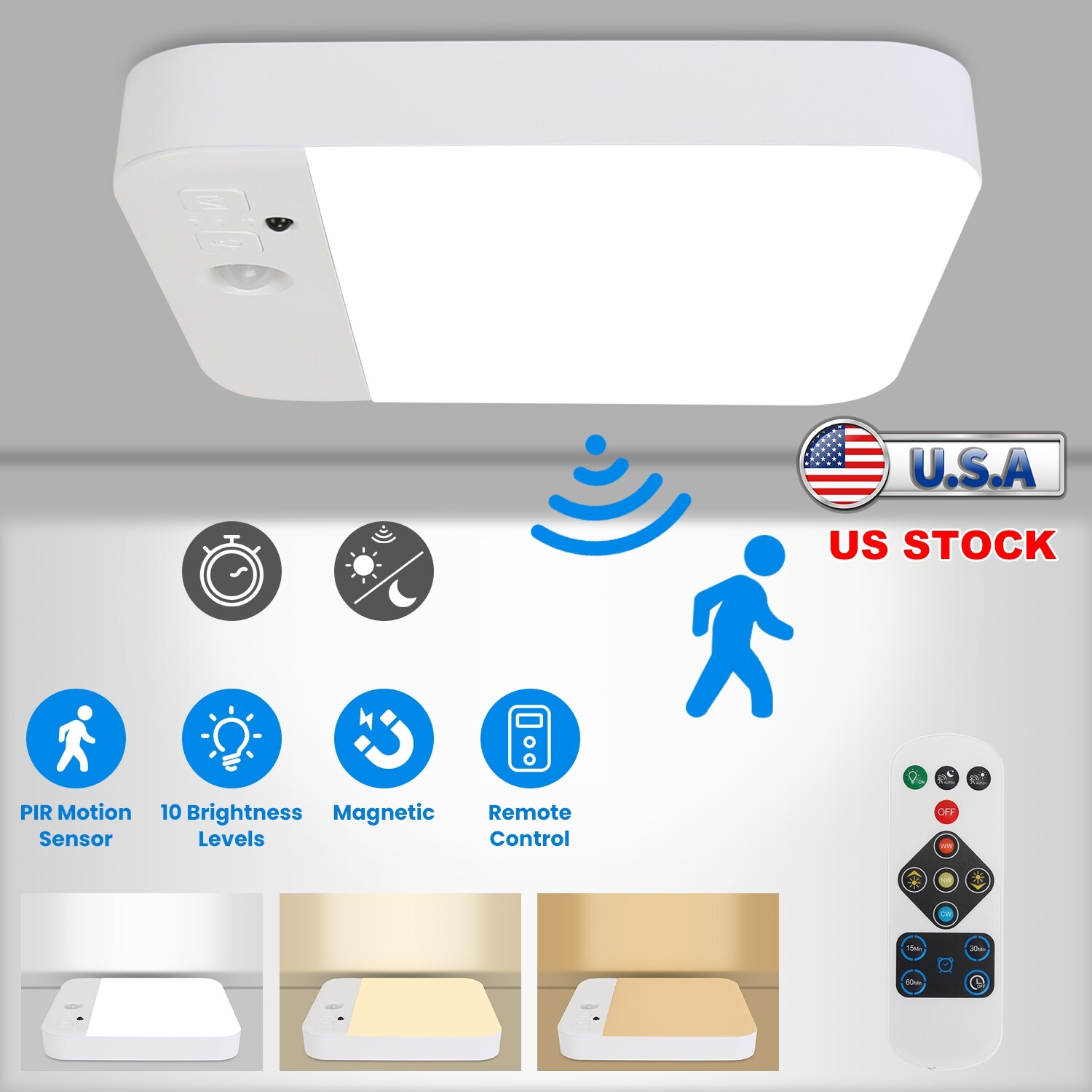 Rechargeable Motion Sensor Ceiling Light with Remote - Magnetic Wireless Ceiling